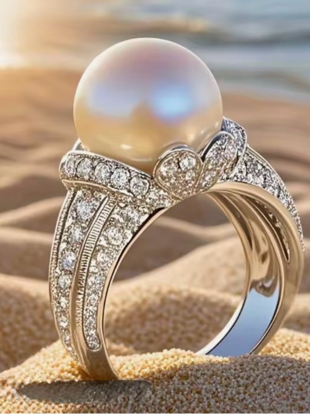 NWT-Elegant CZ & Lustrous Round Pearl Ring In Silvertone Setting.